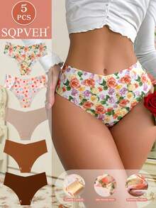 SQPVEH 5pcs/Pack Women's Solid Color & Printed Seamless Comfortable Briefs - Multicolor - View 2