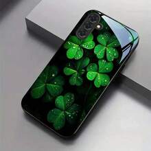 [Ships Within 24 Hours]Fresh Clover Phone Case, Black Background With Green Leaf Clover Print, Full-Cover Anti-Drop Glass Case, Suitable For Apple 17/16/15/14/13/12/11/X/Xs/Pro/Plus/Max,  S21/S22/S23/S24/S25/S26, And Other Models Such As , , Etc. - Image 1 Pcs - View 3