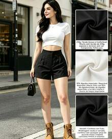 HONGDA VARIEDADES New Women's Tailored Shorts With Zipper On The Left, No Pockets. - 黑與白 - 查看 1