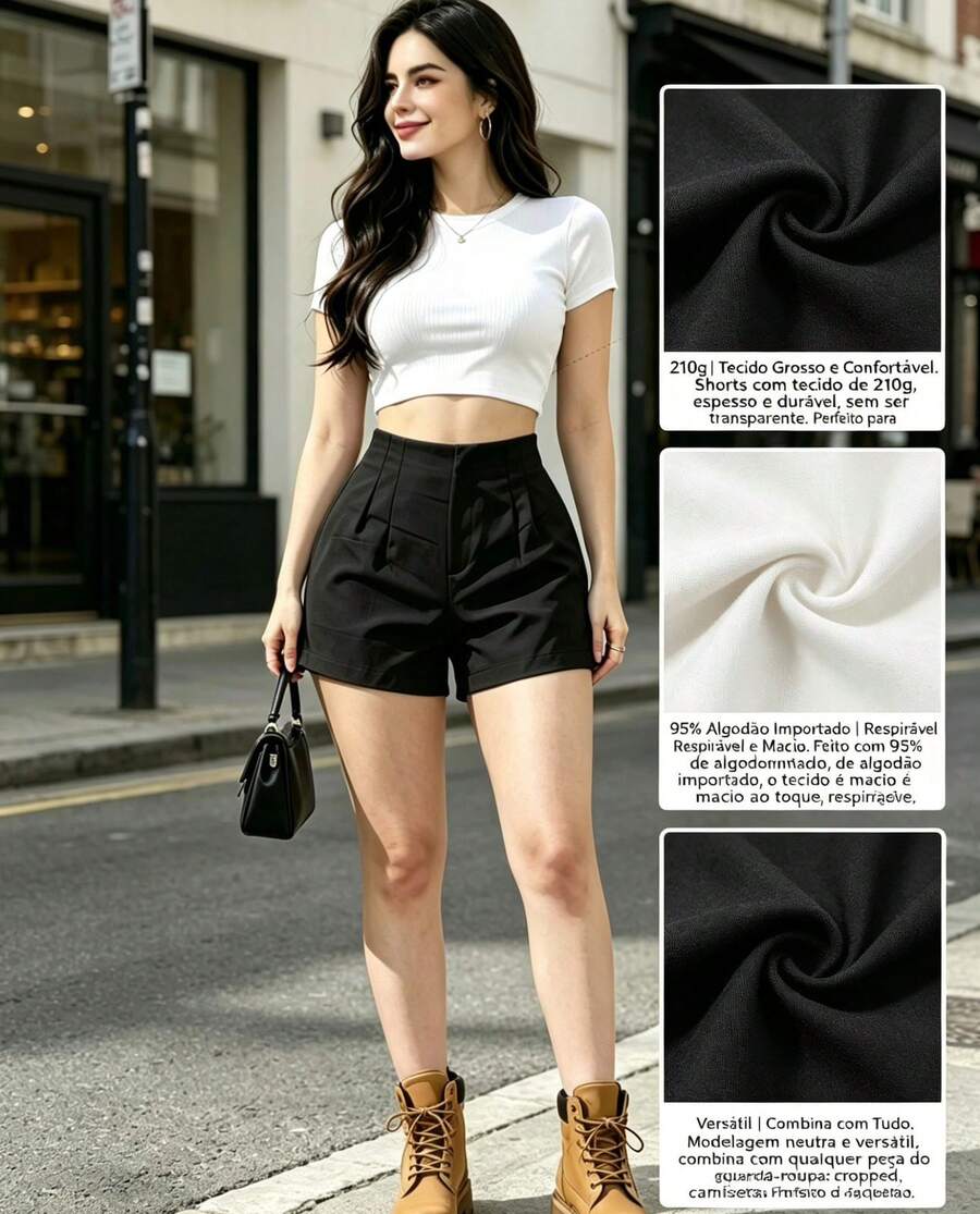 HONGDA VARIEDADES New Women's Tailored Shorts With Zipper On The Left, No Pockets. - 黑與白 - 查看 1