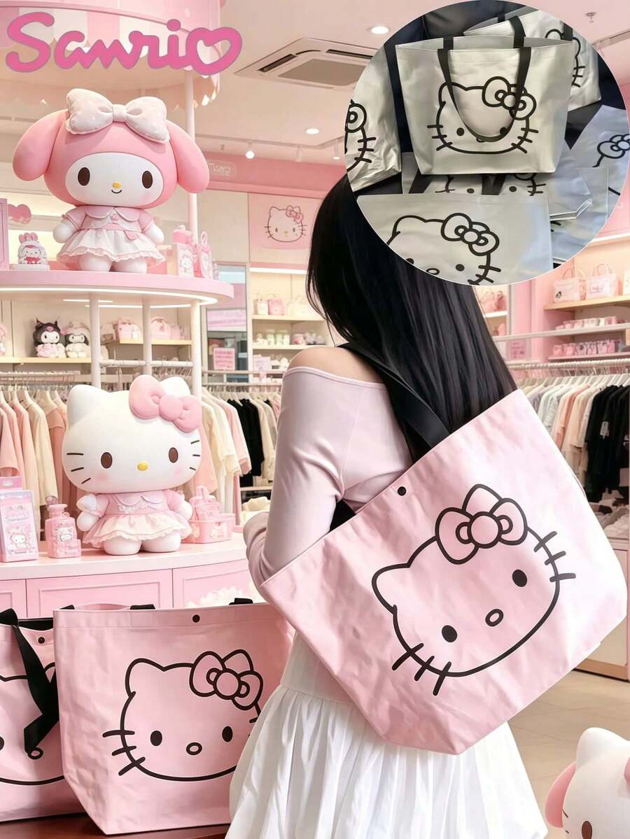 SANRIO Hello Kitty Foldable Shopping Tote Bag, Reusable Large Capacity Shopping Bag, Portable Storage Bag, Suitable For Camping, Outdoor Activities And Daily Use, 2 Colors Available (Pink With Snap/Silver Without Snap) - Multicolor - View 1