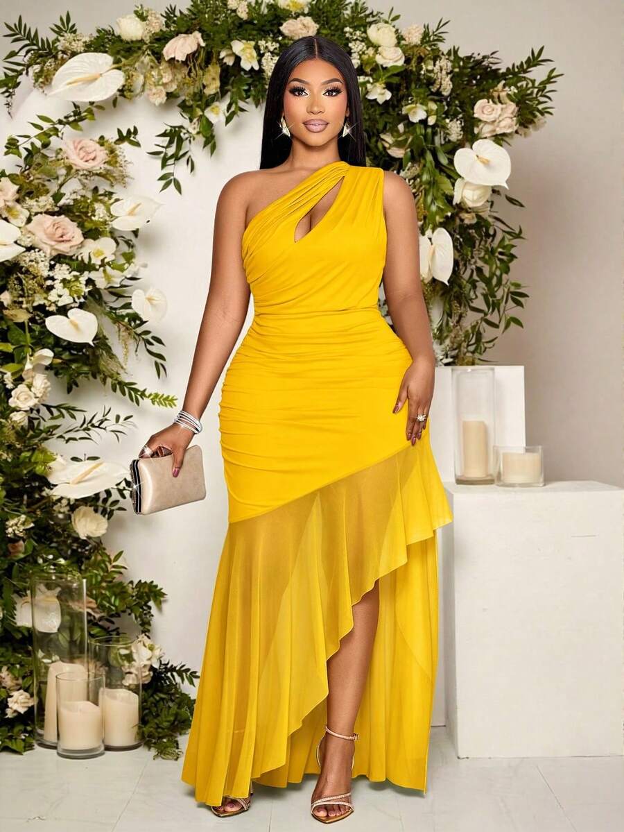 Vestido largo maxi de talla grande para mujer, de unicolor, con cuello asimétrico hueco, para uso diario, vacaciones, casual, elegante, sexy, simple, sin mangas, ajustado, - Amarillo - Ver 1