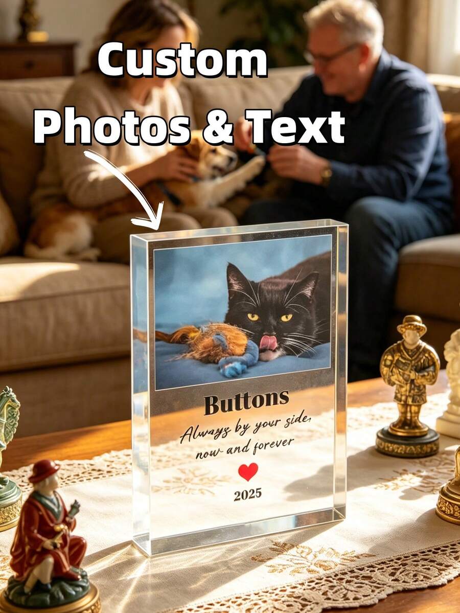 Plăcuță comemorativă personalizată din acrilic cu fotografie de animal de companie, ramă foto din acrilic pentru animale de companie, un suvenir personalizat pentru animalele de companie iubite. Poate fi gravată liber cu fotografii prețioase și mesaje personalizate ale pisicilor și câinilor iubiți, capturând momentele calde petrecute cu prietenii blănoși în material acrilic transparent și durabil. Decorațiune de interior, potrivită pentru living, dormitor, birou și alte diverse scene - Multicolor - Vizualizare 1