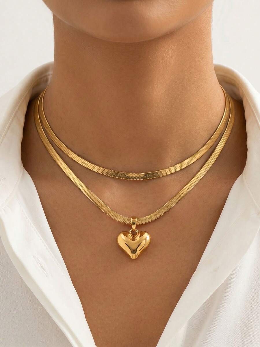 1pc Double Layered Gold Snake Chain Heart Pendant Necklace, Featuring Delicate Water Ripple Chain Paired With 3D Plump Heart Pendant Design, Minimalist Versatile Style For Commuting And Dating, Blending Modern Minimalism With French Romance, Perfect For Women Seeking Daily Elegance And Subtle Yet Eye-Catching Outfits - Yellow Gold - View 1