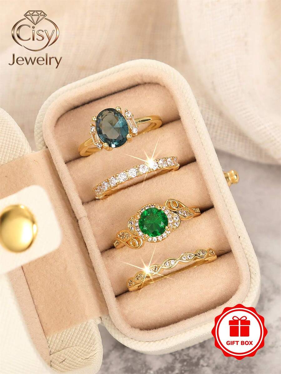4件套立方氧化锆石戒指套装,附赠礼盒,适合女性佩戴,可用于婚礼、订婚、周年纪念派对、情人节等场合。 - 1# - 查看 1