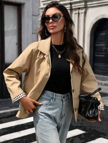 1pc Women's Solid Color Woven Fabric Button Pocket Short Lapel Jacket, College Style Casual Office Spring/Autumn Travel Jacket - Khaki - View 3