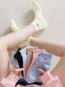 1/4/7/9/14 Pairs (Random Mixed Colors) Women's Minimalist Solid Color Versatile Letter Print Short Socks/Mid-Calf Socks, Suitable For Daily Wear And Outfits - Multicolor - View 3