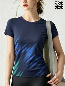 mulinsen 女款快乾 T-shirt，冰絲圓領短袖，彈性吸汗快乾運動上衣，跑步快乾上衣 - 藏蓝色 - 查看 3