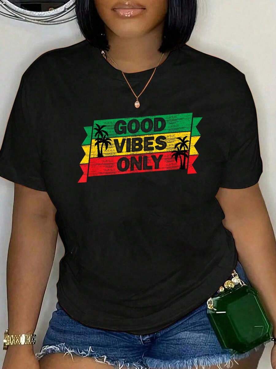 Women's Summer Short Sleeve T-Shirt, Plus Size, Y2K Style, 100% Cotton, Reggae, Good Vibes Only Jamaica One Love Rast A, For Women And Men, Loose Fit, Comfortable And Soft - 黑色 2 - 查看 1
