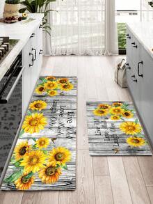 1pc Wood Grain Sunflower Kitchen Rug And Mat, Sunflower Kitchen Mat And Grey Wood Grain Floor Rug, Can Be Placed In Front Of Sink, Used For Standing Kitchen Decor - Multicolor - View 6