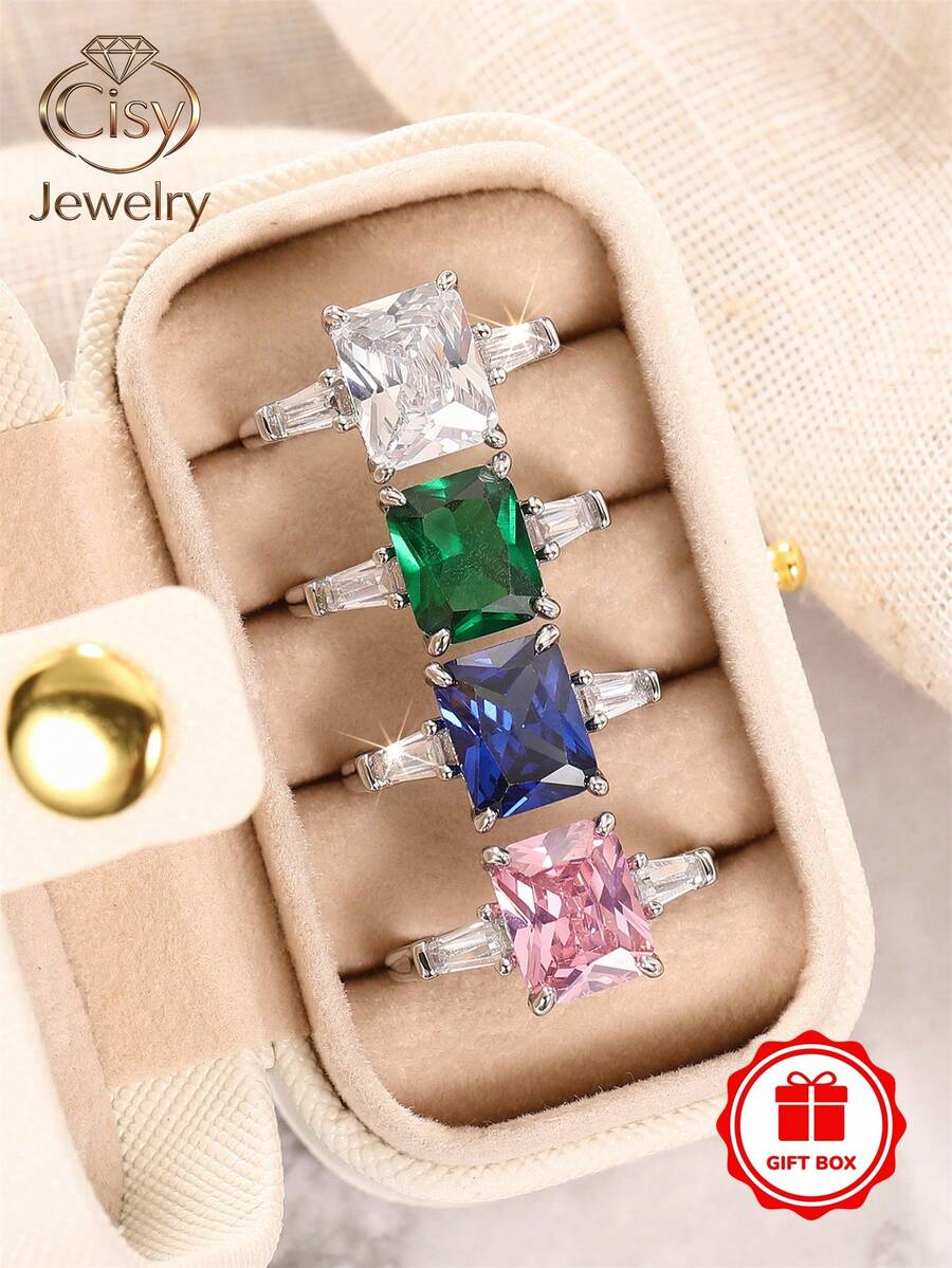 4pcs Elegant Cubic Zirconia Ring Set With Gift Box, Suitable For Women's Wedding, Engagement, Anniversary, Party Wear, Valentine's Day Gift - 1# - View 1