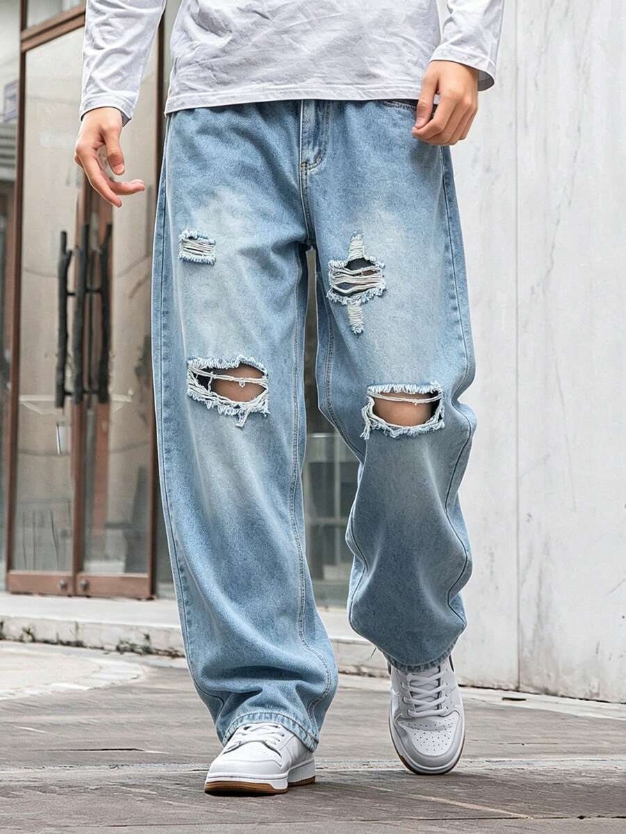 Jeans rectos holgados con lavado claro y desgastados para hombre - Lavado ligero - Ver 1
