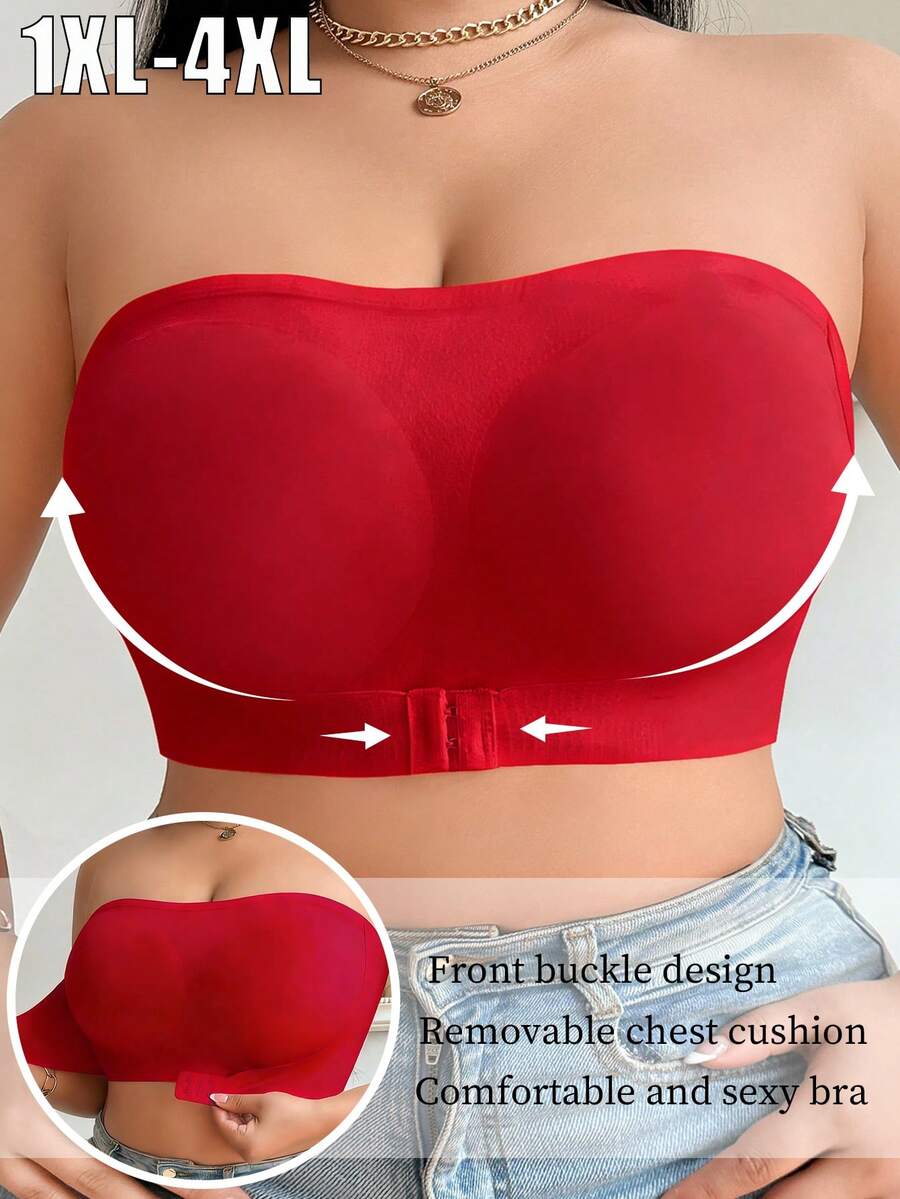 1pc Sexy Front Closure Plus Size Bandeau Bra, Push-Up Side Support Seamless Strapless Red Bra