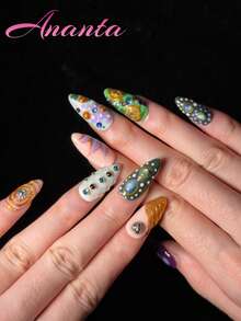 10pcs Almond Shaped Nail Stickers, Handmade, Premium Quality, Rhinestone Embellished, French Manicure, Hand-Painted Gradient, Asymmetrical Hand-Drawn Lines, Colorful Design, Acrylic Nails, Press-On Nails, Suitable For Party, Wedding, Daily Wear, Includes Tool Kit, Suitable For Girls And Women - Multicolor - View 4