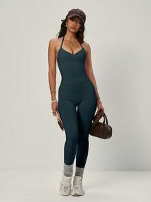 PinkTip Women's One Set Fashion Design Short Backless Elastic Tank Top & Long Pants Sports Set, Solid Color Versatile Camisole Daily Casual Backless Minimalist Butt-Lifting Shaping Tank Top & Long Pants - dark blue - View 2