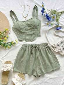Conjunto de 2 piezas de camiseta sin mangas y pantalones cortos de unicolor casual para vacaciones de mujer - Verde - Ver 1