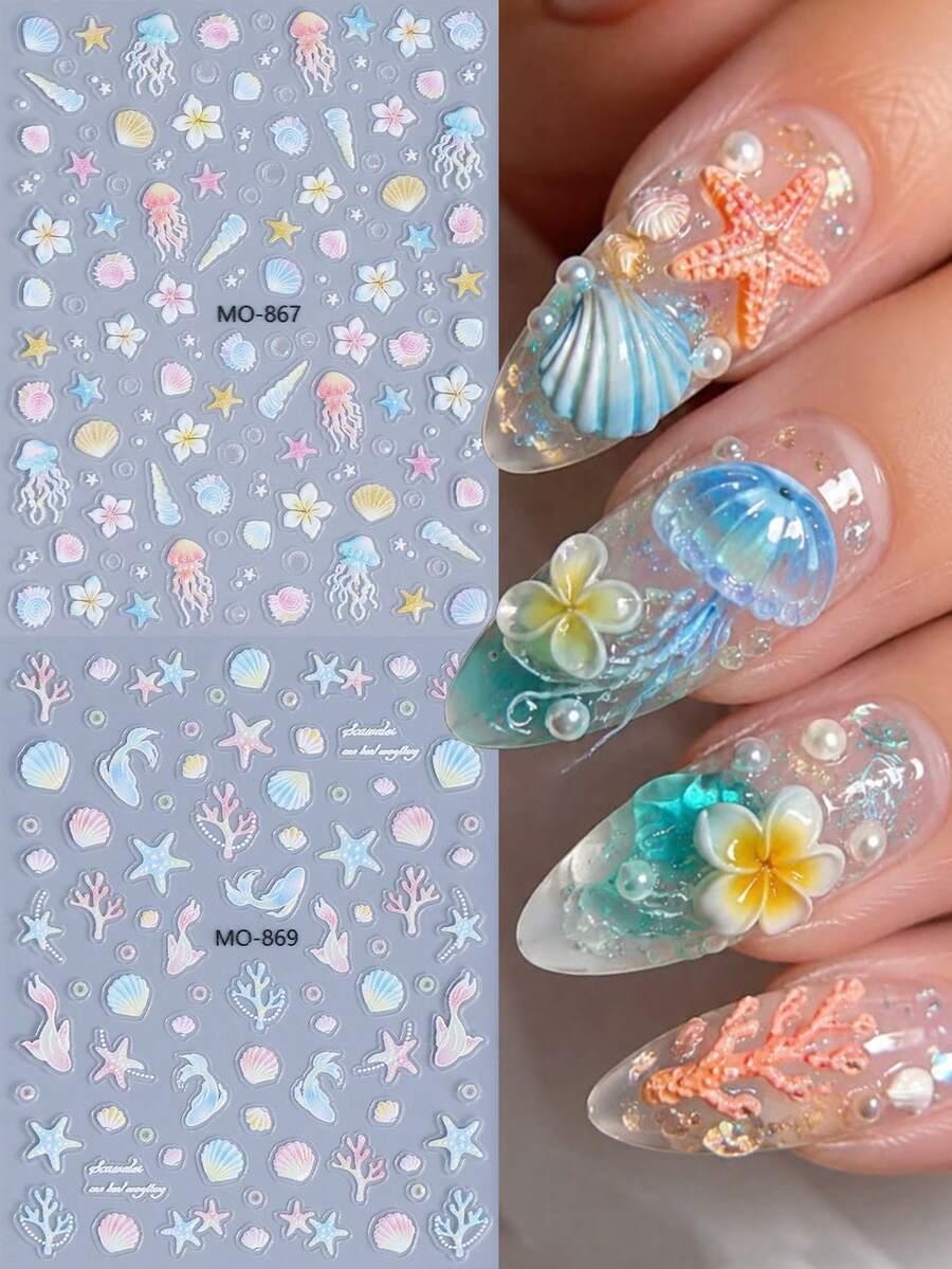 2片裝 3D紋理可愛海洋美甲貼紙，夏季水母貝殼海星扶桑花漸層海洋生物美甲貼花，日系可愛美甲裝飾，自黏式DIY居家美甲沙龍配件 - 彩色 - 查看 1