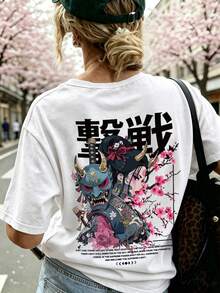 女款圓領短袖T恤，夏季新款櫻花圖案與字母印花，休閒寬鬆百搭上衣，時尚日常穿搭 - 白色 - 查看 8