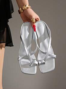 5cm New Color Block Minimalist Toe-Post Wedge Sandals Women 2025 Summer Open Toe High Heels - Silver - View 7