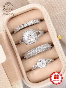 4pcs/Set Cubic Zirconia Women's Rings With Gift Box, Suitable For Wedding, Engagement, Anniversary, Party, Valentine's Day Gift - 1# - View 1