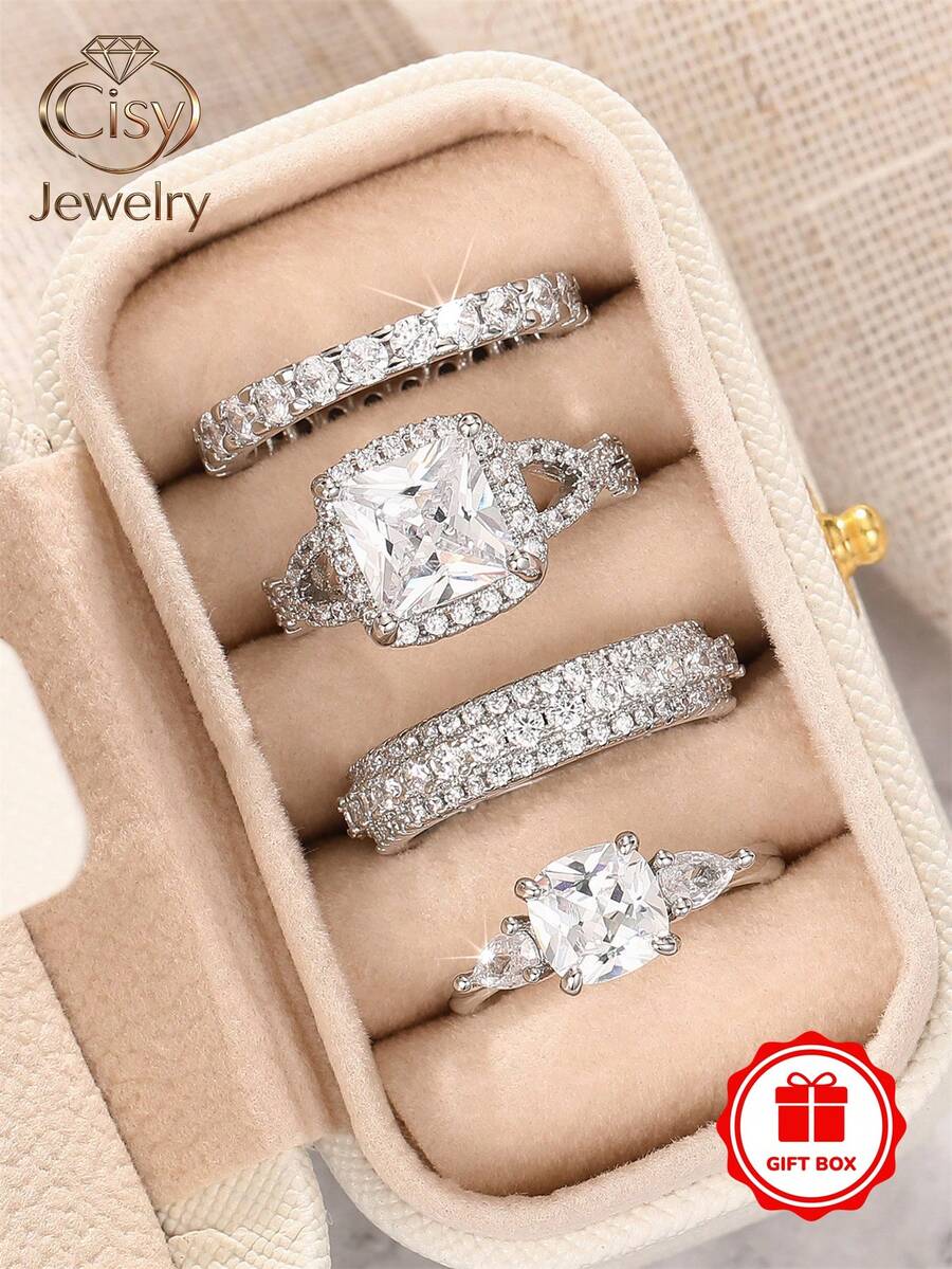 4pcs/Set Cubic Zirconia Women's Rings With Gift Box, Suitable For Wedding, Engagement, Anniversary, Party, Valentine's Day Gift - 1# - View 1