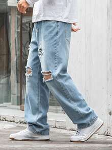 Jeans rectos holgados con lavado claro y desgastados para hombre - Lavado ligero - Ver 2
