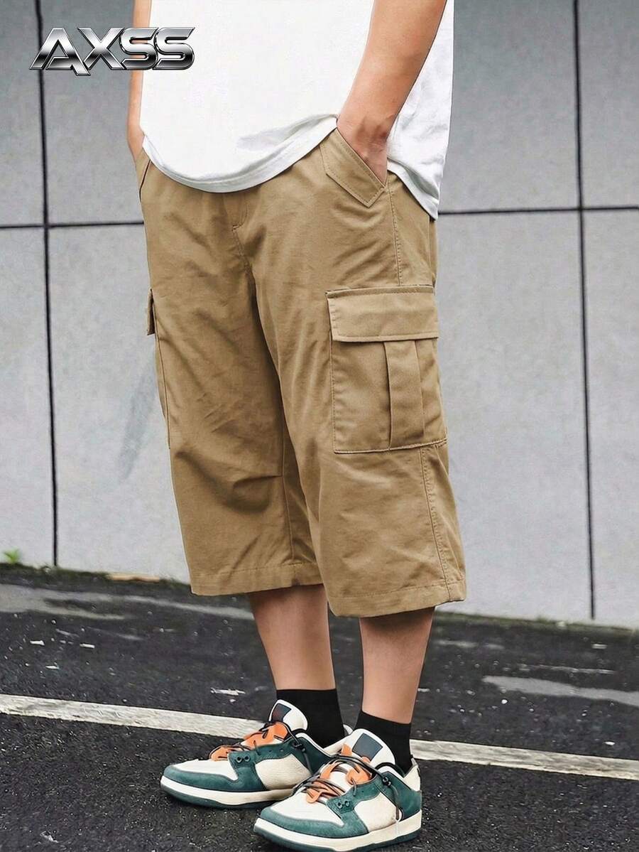 1件青少年男款街頭風前衛時尚休閒百搭舒適通勤學院風直筒七分褲 - 卡其色 - 查看 1