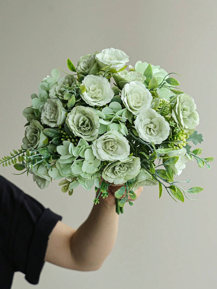 1/3/100件人造玫瑰花，仿真絲綢繡球花束裝飾塑料逼真花卉飾品，婚禮桌面中心裝飾，適用於秋季、辦公桌、花園、房間裝飾、情人節禮物 - 綠色 - 查看 1