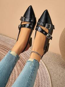 Women's Flat Pointed Toe Studded Chunky Low Heel Closed Toe Slippers College Style Mule Shoes - Black - View 6