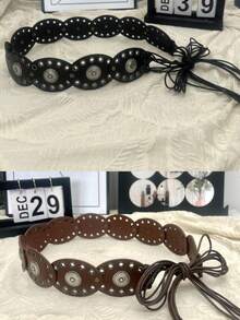 1件拼接波希米亞風PU皮革復古鏤空圓腰帶，龐克牛仔女風，做舊鉚釘裝飾，百搭裙裝與長褲 - 彩色 - 查看 18