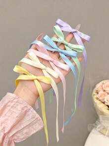 1/4 Macaron Color Ribbon Bow Hair Clip, Sweet Long Tassel Alligator Hair Clip, Anti-Slip Fabric Bow Hair Accessory, Suitable For Women And Girls, Y2K Sweet Style Summer Daily And Party Dual-Use Headwear,Hair Claws - Multicolor - View 6