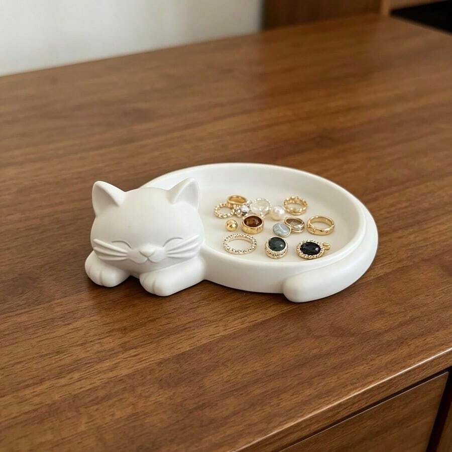 1 buah Baki Kucing Tidur/Kotak Penyimpanan Perhiasan dan Kunci Berbentuk Anak Kucing/Cocok untuk Meja, Meja Rias, Dekorasi Rak/Penyimpanan Ringkas Eksklusif untuk Pecinta Kucing/Aksesori Pengorganisasi Meja Kantor - Putih - View 1