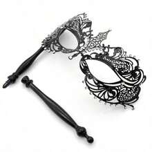 Thmyo Venetian Halloween Mardi Gras Party Mask With Holding Stick, Carnival Handheld Metal Feather Rhinestone Masquerade Mask - Maks-2-black - View 8