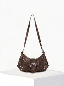 2025 Fashion Hot Y2K Rivet Motorcycle Bag, Vintage European Style Zipper Shoulder Bag, Oil Texture Design, Exquisite Appearance - Coffee - View 4