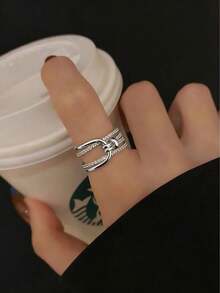 1 pieza Anillo abierto versátil de moda con incrustaciones de, modelo para mujer, minimalista y ligero, que muestra una sensación de lujo, adecuado para la decoración diaria de la - Plateado - Ver 5