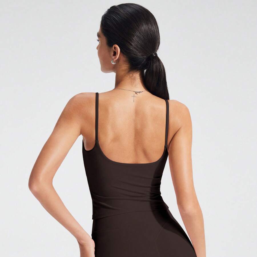 Women's European And American Cross-Border Yoga Vest, With A Nude Feel, Brushed Fabric, Beautiful Back Design, Sports Top With Chest Pads, Clothing - 護根棕色 - 查看 1