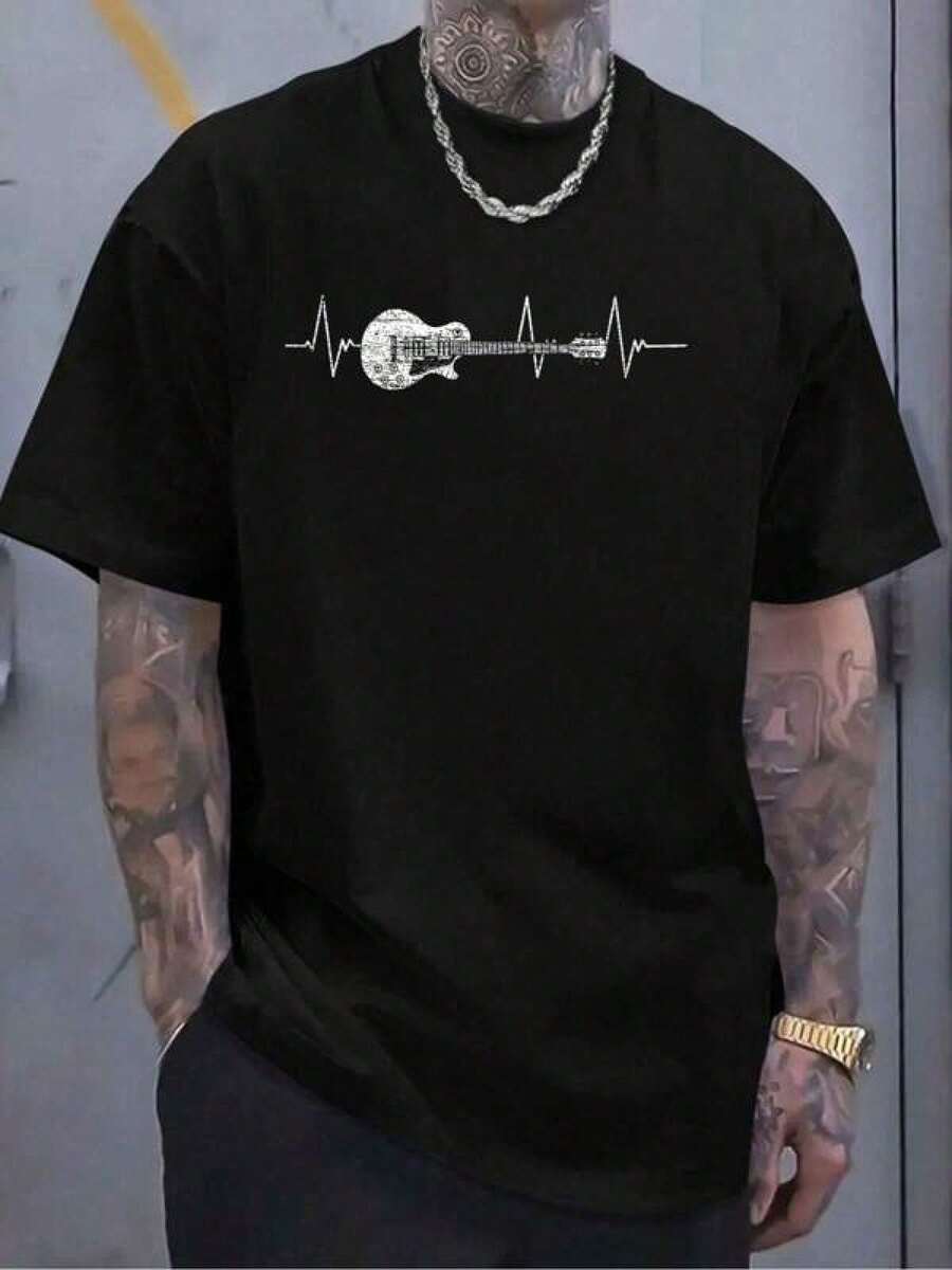 Estampados creativos en camisetas para hombre100% Cotton Music & Guitar Shirts Guitarist Heartbeat Guitar-Shirt Fashion Women's Men's Graphic Tee Causal Tops,Apto para usar durante la Navida - Negro - Ver 1