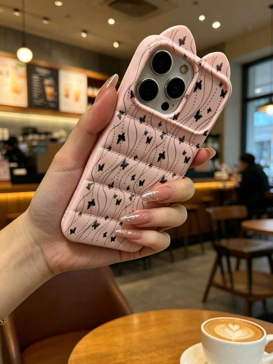 Casing Ponsel Telinga Kucing Merah Muda dengan Motif Garis Gelombang Kupu-kupu Hitam, Cangkang Lembut, Sisi Timbul Motif Jejak Kaki Kucing, Kompatibel dengan Apple 17 17Pro 17ProMax 16ProMAX 16PRO 16 11 12 13 14 15 12Pro 13Pro 14Pro 15Pro 14ProMAX 15ProMAX Casing Pelindung - MultiWarna - View 1