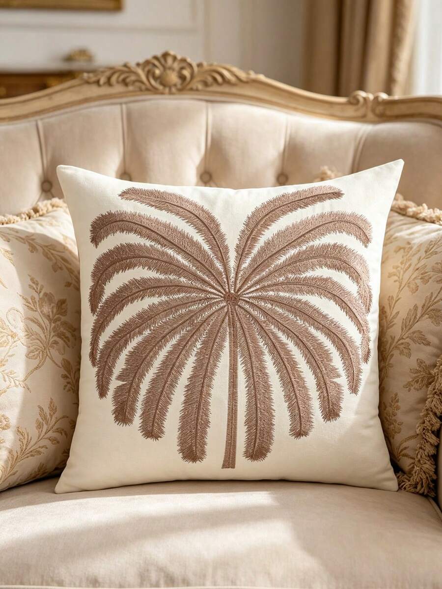 1 pieza/2 piezas Cojín decorativo bordado con flores púrpuras y palmeras de estilo vintage francés, cojín de sofá de sala de estar de estilo pastoral fresco, almohada decorativa para dormitorio - Marrón - Ver 1