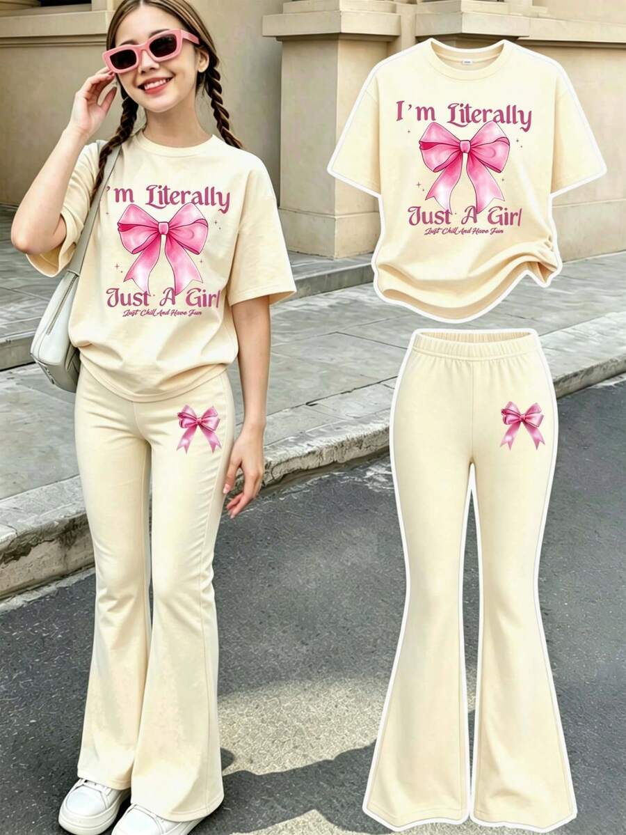 2件組：女童休閒蝴蝶結圖案圓領短袖上衣與喇叭褲套裝，適合夏季穿著，返校季秋季服飾