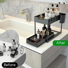 SAMODRA Under Sink Organizers And Storage, Kitchen Cabinet Storage 2 Tier Drawer Pull-Able Basket Organizer Bathroom Storage Rack With Hooks, DIY Removable Dividers (Black-Double Drawer-2 Pack) - 彩色 - 查看 5