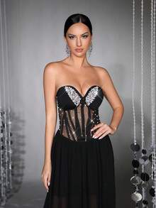 New Sexy Women's Handmade Pearl & Rhinestone Embellished Sheer Mesh Patchwork Off-Shoulder Sleeveless Backless 100-Pleat Maxi Dress - Black - View 4
