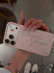 Pink Striped Sequin English Letter Phone Case Compatible With Apple 17 Pro Max, 17 New Model, 16 PM, 15 P, 16 Pro, 15, 17 Pro, Girly Style, Premium, Minimalist, Shockproof, Full Coverage - Pink - View 2
