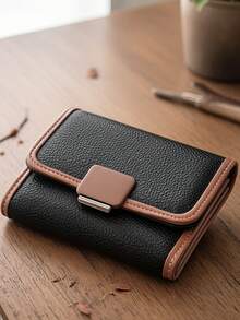 Billetera corta plegable de tres partes con bloques de color para mujer, billetera multifuncional de una pieza de PU suave con gran capacidad de almacenamiento de identificación, compacta y ligera, empaque en caja de regalo adecuado para regalos de vacaciones - Negro - Ver 2