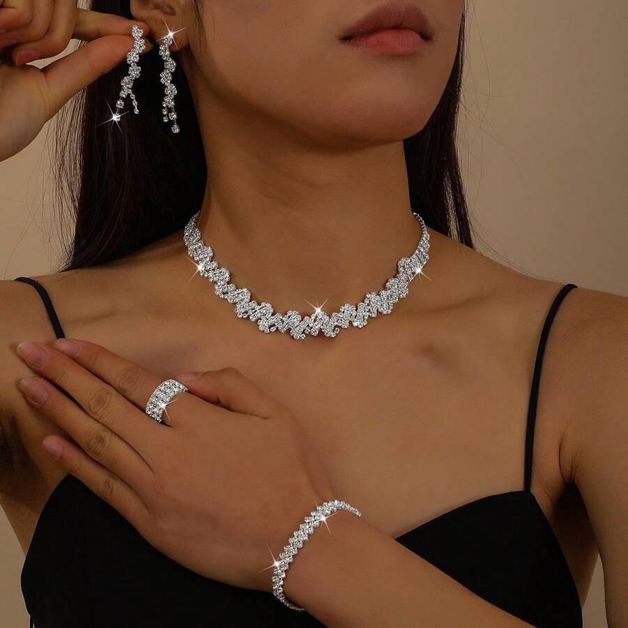 女款項鍊、耳環、手鍊、戒指套組,幾何圖案設計,優雅銅製新娘珠寶,適合畢業季 - 銀色 - 查看 1
