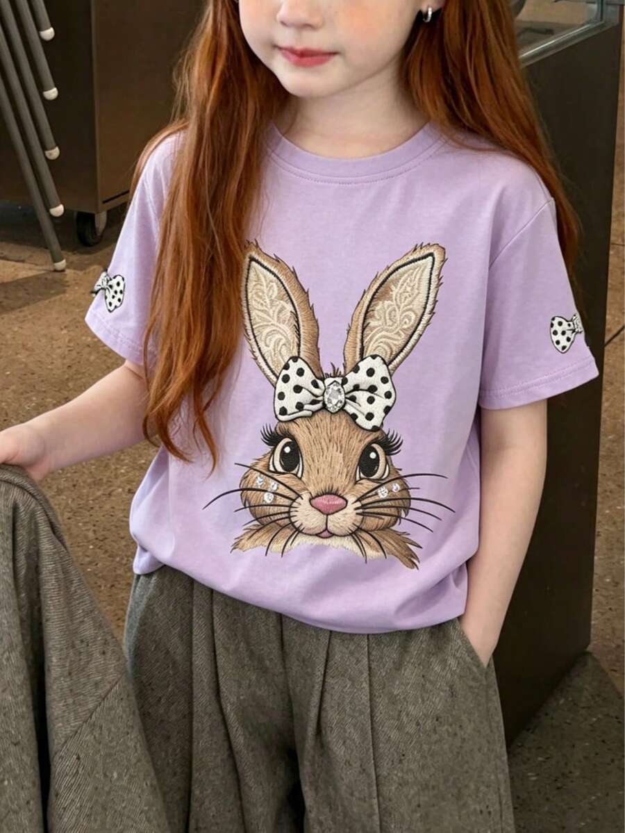 1pc Tween Girl Printed Short Sleeve T-Shirt, Student Youth Clothing, Summer Gift For Kids - Purple - View 1