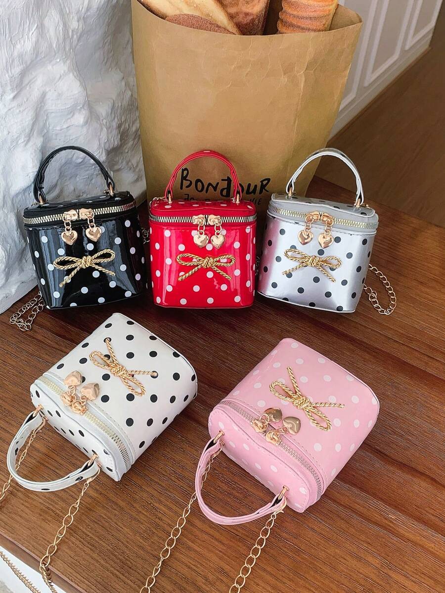 Bolso de mano mini con lunares para niñas, decoración de lazo, bolso bandolera con cadena, estilo princesa, cierre de cremallera, bolso accesorio adecuado para uso diario - A - Ver 1