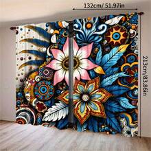 2pcs Bohemian Vintage Floral Print Decorative Curtains, No-Drill Rod Pocket Design, Easy Installation, Polyester Material, Machine Washable And Hand Washable - Bohemian Exotic Style Living Room Bedroom Curtains, Suitable For Bedroom, Office, Kitchen, Living Room, Study, Home Decor. - Multicolor - View 11