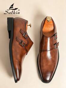 Salkin Mocasines con hebilla vintage para hombre, puntera puntiaguda y sin cordones, zapatos formales elegantes para caballero, adecuados para hombres de mediana edad, jóvenes, estudiantes, vuelta al colegio, ceremonia de graduación, oficina, negocios, fiesta, boda, novio, primavera/verano/otoño, tallas grandes - Marrón - Ver 9