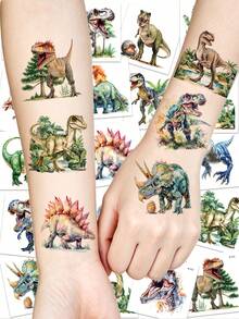 24Sheets Realistic Dinosaur Temporary Tattoos - Assorted Jurassic Designs With T-Rex, Triceratops, Pterosaur, Velociraptor, Stegosaur - Perfect For Birthday Party Favors, Goodie Bag Fillers, Stocking Stuffers - Green - View 2